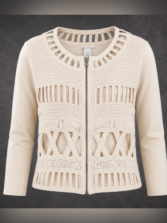 Chico's Sweaters - Chico’s Size 3 | Cream Crochet Zip Front Sweater Jacket